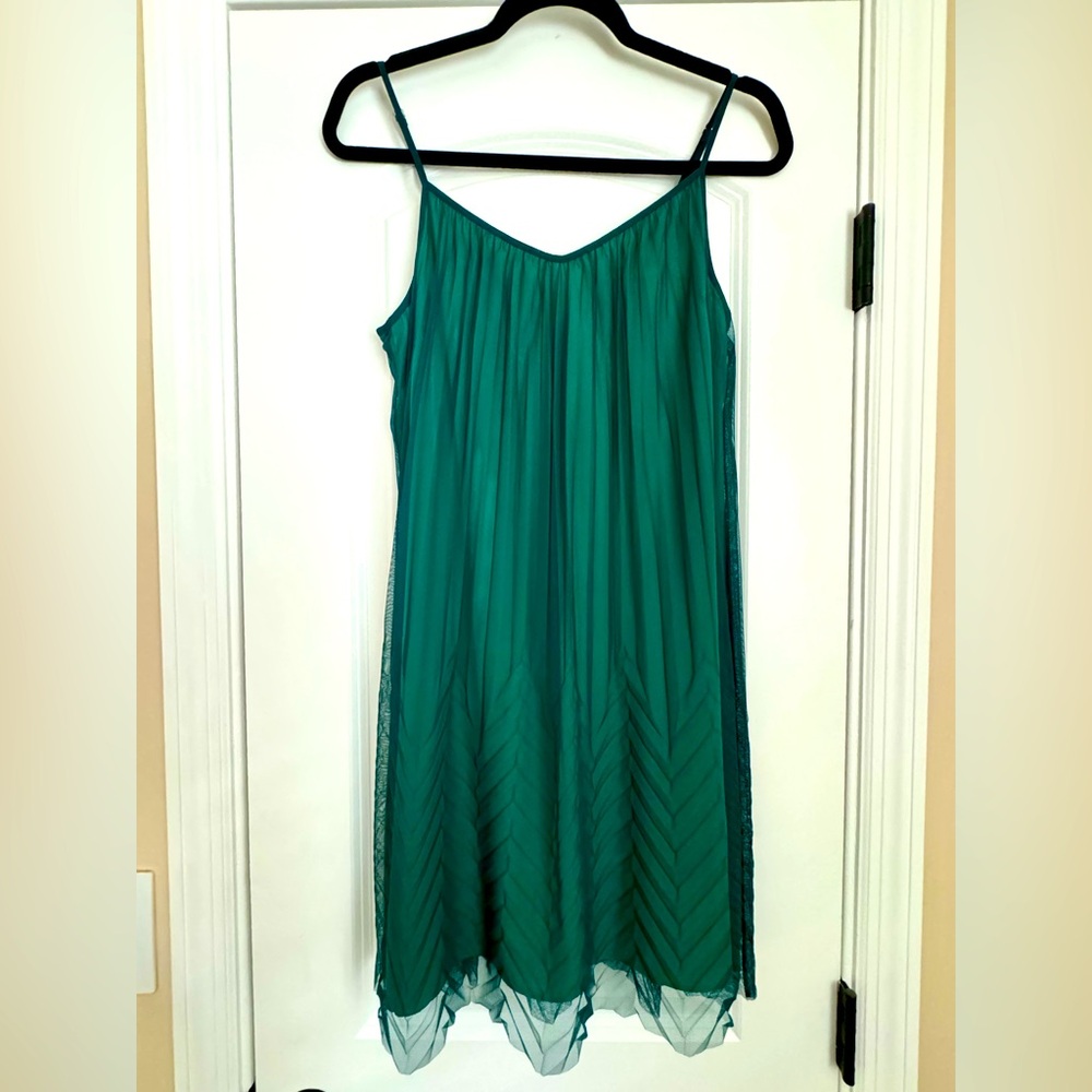 Fossil slip dress with turquoise chevron sheer overlay.
